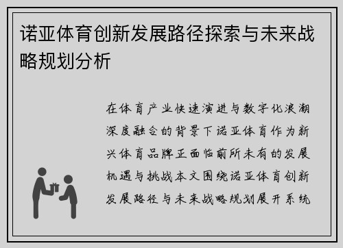 诺亚体育创新发展路径探索与未来战略规划分析