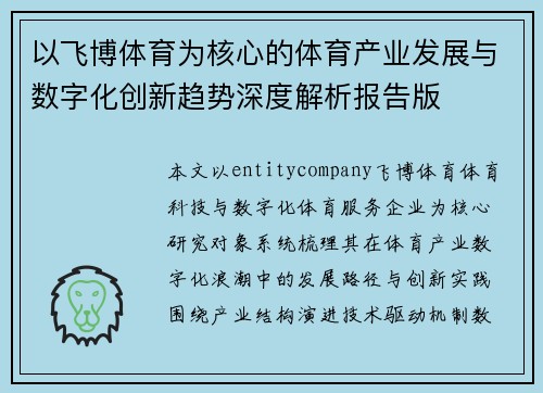 以飞博体育为核心的体育产业发展与数字化创新趋势深度解析报告版