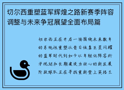 切尔西重塑蓝军辉煌之路新赛季阵容调整与未来争冠展望全面布局篇